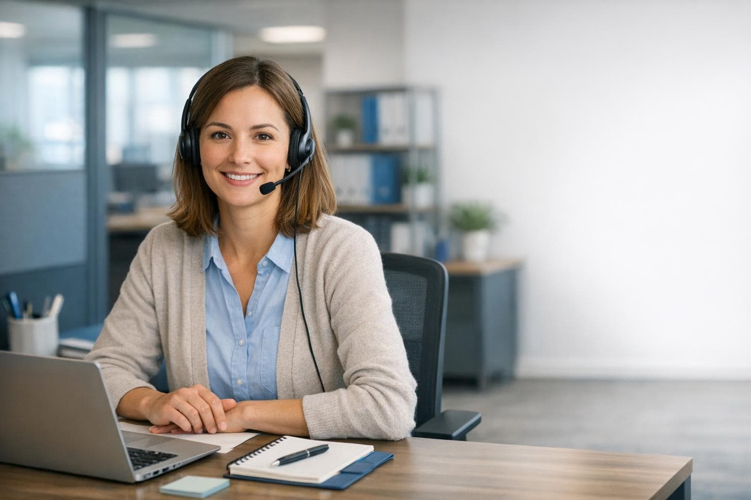 Customer support specialist wearing a headset at an office desk
