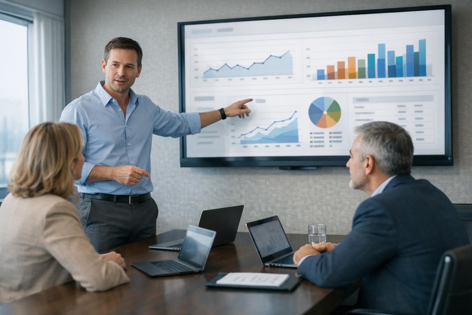 Product specialist presenting analytics on a meeting-room display