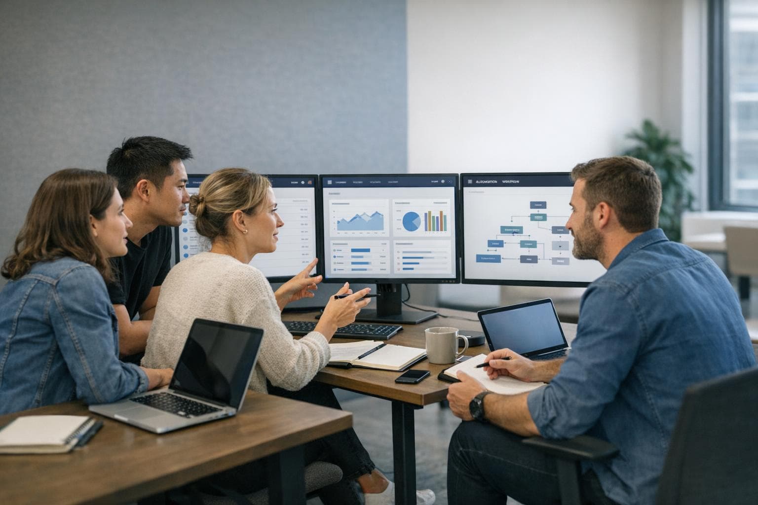 Product team reviewing workflow and analytics dashboards across multiple screens