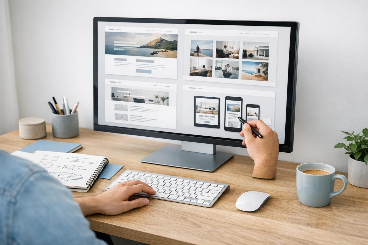 Designer reviewing multiple website template previews on a desktop monitor